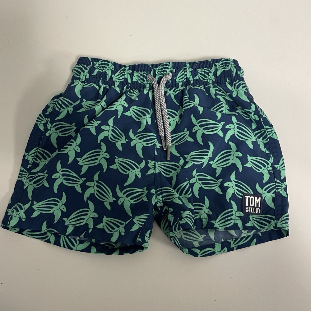 Tom & Teddy Lined Swim Trunks Toddler Size 1/2 Navy With Green Turtle‎ Beach